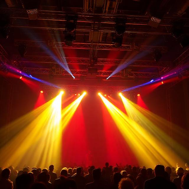 Event lighting design: beams, wash lights, moving heads creating vibrant atmosphere over a stage and audience, realistic photo, high detail