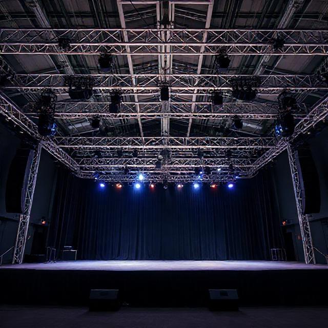 Professional stage setup with truss, rigging, speakers, lighting fixtures, clean event venue, realistic photo, wide stage, high detail