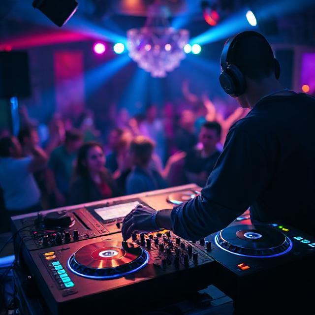 DJ performing at an event: modern DJ booth with turntables and mixer, headphones on, dancing crowd and colored lights in background, realistic photo, high detail