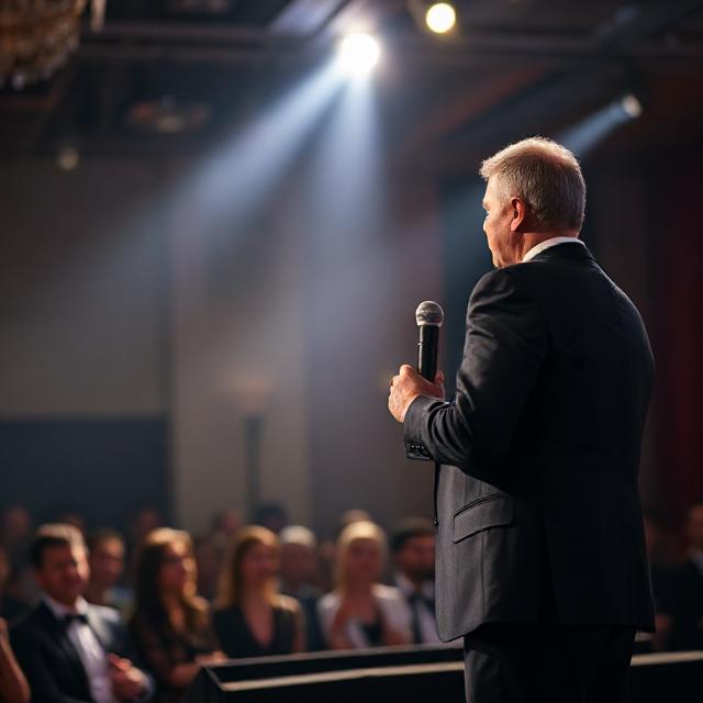 Master of Ceremonies on stage holding a microphone, engaging audience at a formal event, spotlight and stage backdrop, realistic photo, high detail