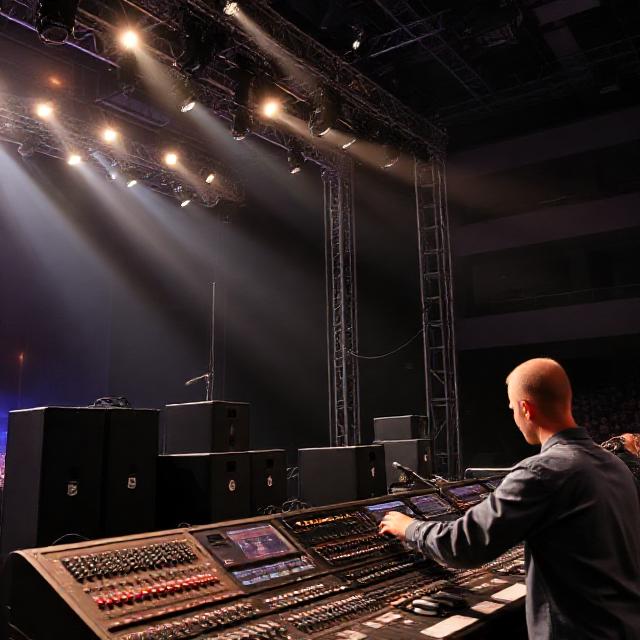 Professional sound system and mixing console at an event